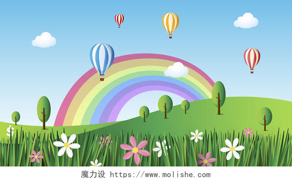 卡通热气球旅游背景蓝天白云草地卡通热气球彩虹户外旅行旅游背景